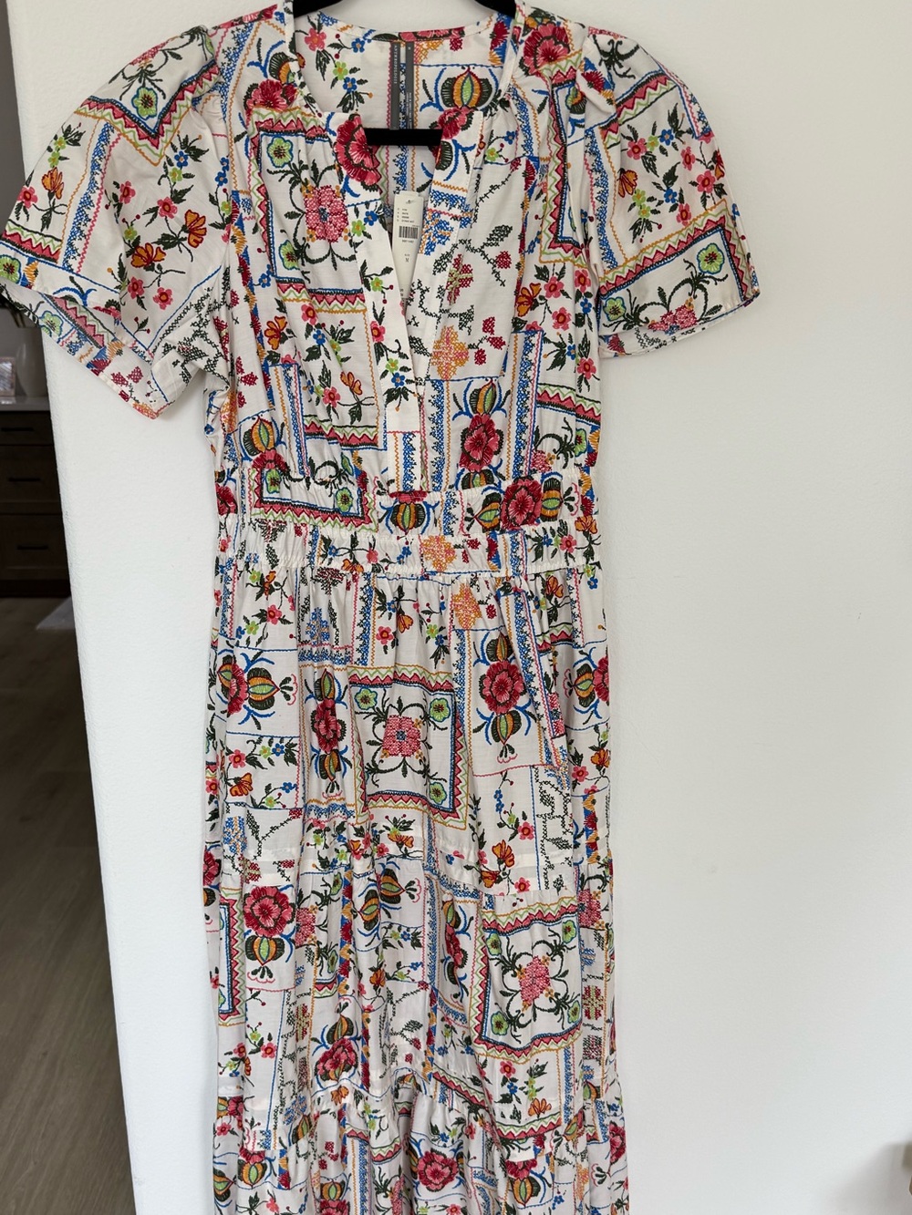 Anthropologie Somerset cotton White Maxi Dress with Multicolor Floral Patchwork